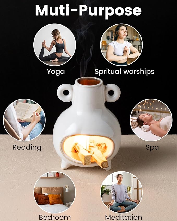 Mini Palo Santo Holder Burner, Ceramic Incense Holder for Sticks Sage Bundles Cone Incense, Chimenea Incense Dish for Yoga Meditation Home Decor, White