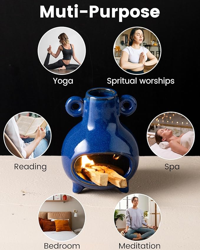 Handcrafted Palo Santo Holder, Incense Candle and Matchstick Mini Chiminea for Meditation Space, Wood Sticks and Bulk Incense, Blue