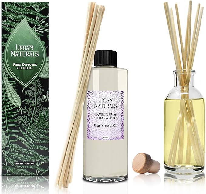 Urban Naturals Reed Diffuser Oil Refill Lavender Cedarwood with Warm Wood, Spa-Inspired Notes 8 oz + Free Reed Sticks, Made in The USA