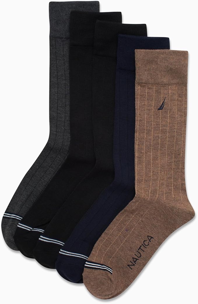 Nautica Mens Dress Socks - 5 Pack Breathable Comfort Stretch Crew-Length Work Socks for Men for Business Formal Wear (6-12.5)