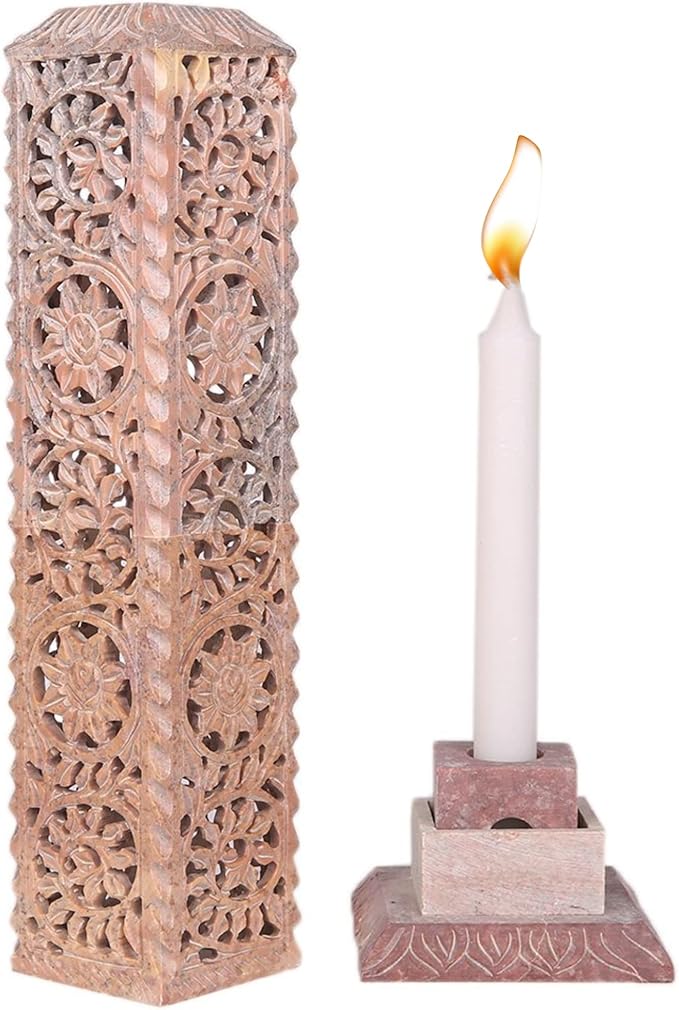 Carry Me Handmade Marble Soapstone Incense Stick Burner | Candle Stick Holder | Tea Light Stand - Floral Carving for Gifting. Decorative Incense Tower for Home and Office Decor. (3x3x11 Inches)