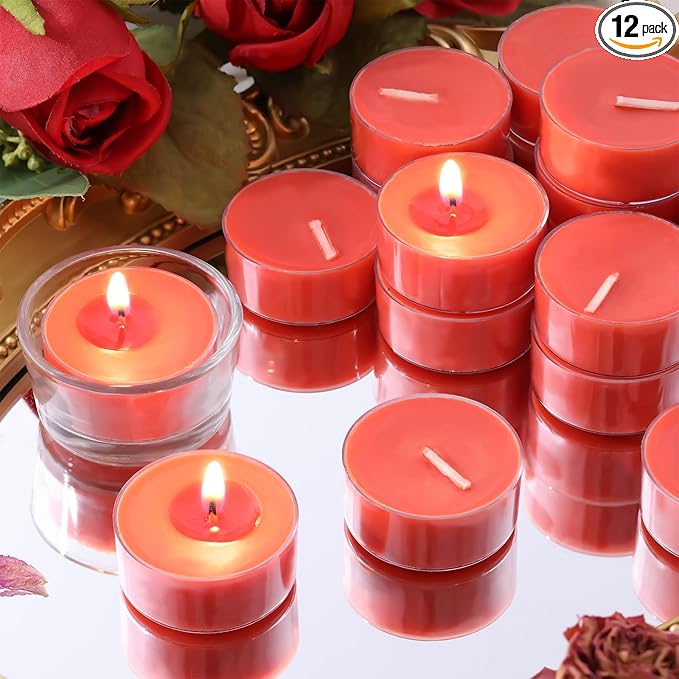 12 Pack Fresh Rose Scented Tea Lights Candles, 4-5 Hours Natural Palm Tea Candles Bulk for Home Scented, Small Tealight Votives with Essential Oils for Home, Wedding, Baby Shower Favors & Gifts