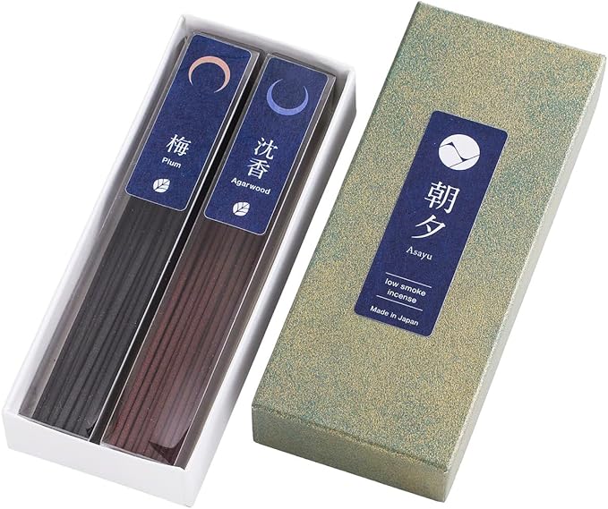 Asayu Japan 2-in-1 Low Smoke Incense Sticks Nature Set, 2 scents (Plum and Agarwood), 40gr Japanese Incense for Morning Energy & Evening Relax, Yoga, Meditation. Smokeless for Less Irritation