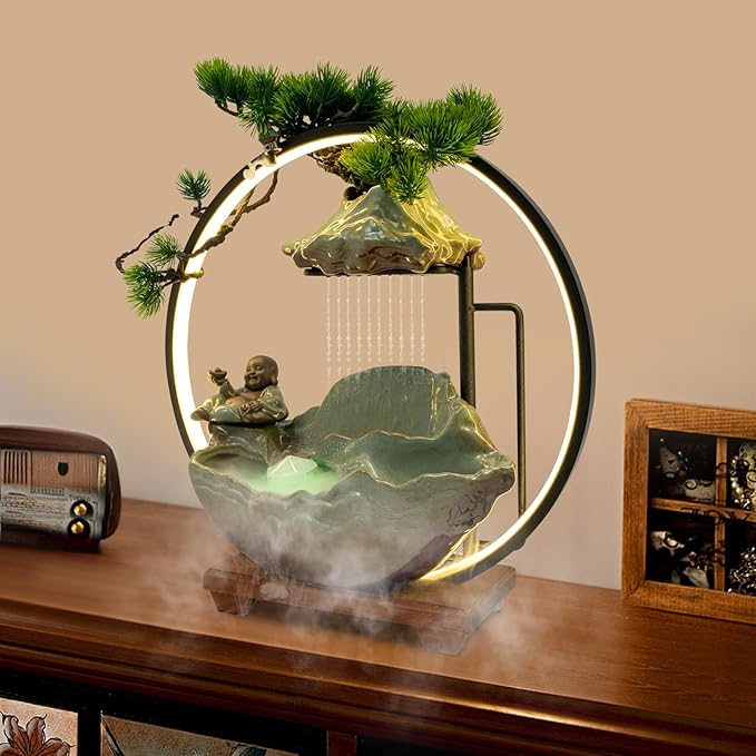 Backflow Incense Holder with Water Fountains and LED Light, Rockery, Maitreya and Plants Perfect for Relaxing or Home Decor (Maitreya witn Rockery)
