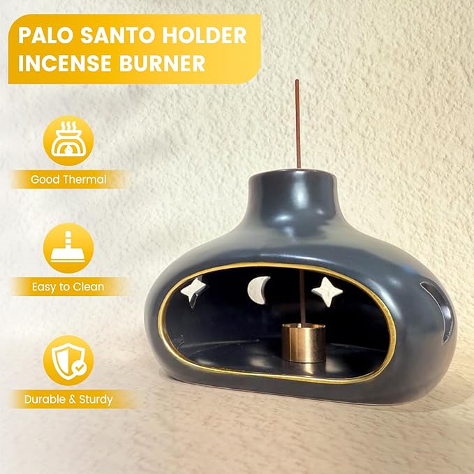 Ceramic Incense Holder Set-Handcrafted Palo Santo&Sage Cone Burner with Holes, Smudge Bowl for Meditation&Yoga-Palo Santo Holder with Brush&Tweezer-Home Decor for Relaxation, Black