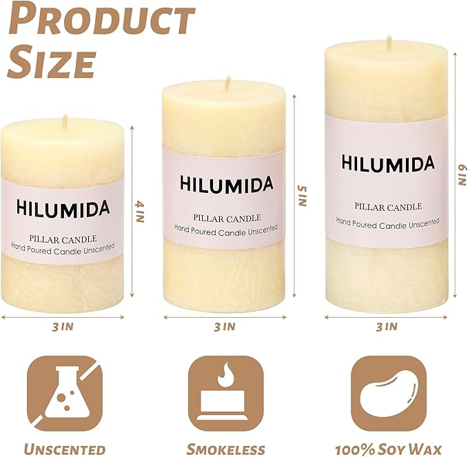 Ivory Pillar Candles Set of 3 - Hand-Poured Unscented Candles,Smokeless Dripless Candles for Dinner Table and Home, Set of 3 in Different Sizes (3"x4", 3"x5", 3"x6")