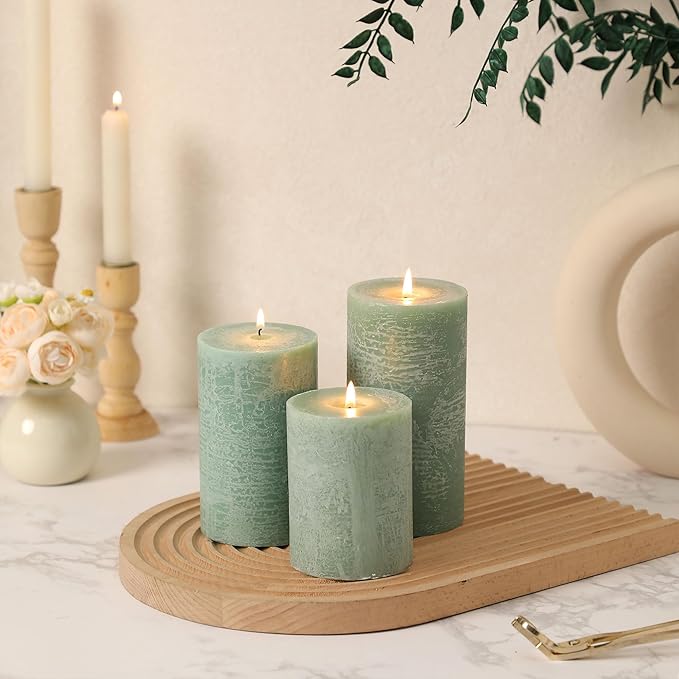 Sage Green Pillar Candles Set of 3 - Hand-Poured Unscented Candles,Smokeless Dripless Candles for Dinner Table and Home, Set of 3 in Different Sizes (3"x4", 3"x5", 3"x6")