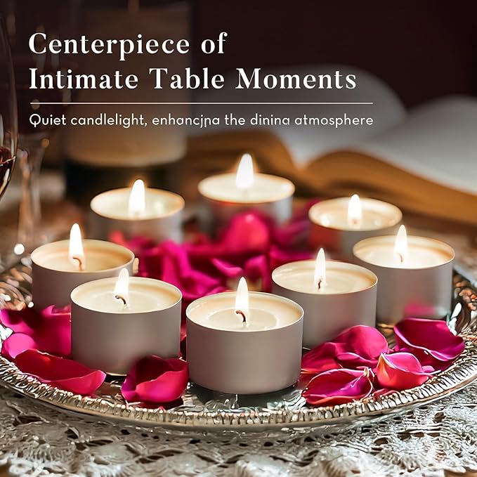 Unscented Palm Tea Lights Candles 50 Pack Bulk, 8 to 9 Hours Long Burning White Tea Lights,Non-Paraffin, Smokeless, Mini Tealight Candles for Wedding, Table Centerpiece, Party, Power Outages