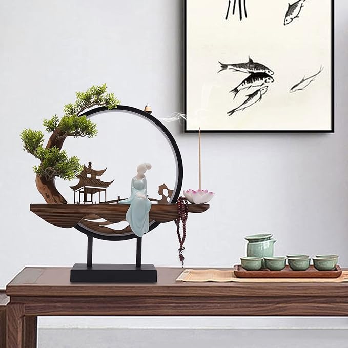 Backflow Incense Holder with LED Light and Pines, Ceramic Lady Chinese Style Backflow Incense Burner Perfect for Relaxing or Home Decor