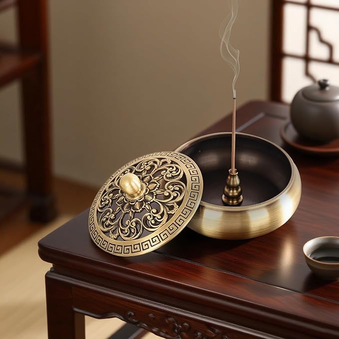 Copper Incense Burner with Stick Holder, Incense Stick Holder Cone Coil Holder with Fireproof Cotton for Madiation Yoga Spa Home Office Decor (Brass)