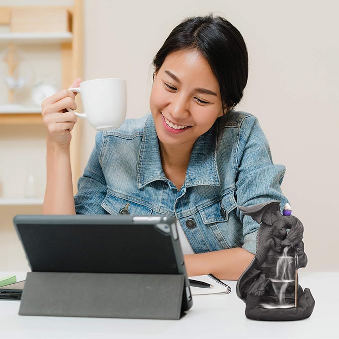 Ceramic Dragon Backflow Incense Holder Waterfall Incense Burner, Smoke Incense Holder, with 70 Backflow Incense Cones + 50 Incense Stick, 1 Mat, 1 Tweezers Home Decor (Brown-Light Dragon)