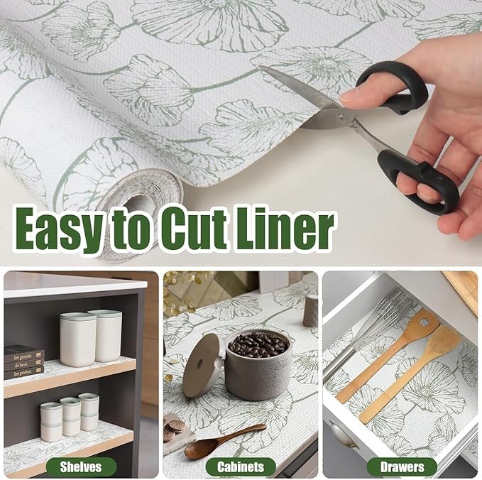 Shelf Liner for Kitchen Cabinets Non Adhesive Kitchen Drawer Liner,Non-Slip Lotus Cabinet Liner Shelf Paper,Pantry Shelf Liners for Cabinets Dresser Cupboard Liner Decorative 23.6In x 10FT
