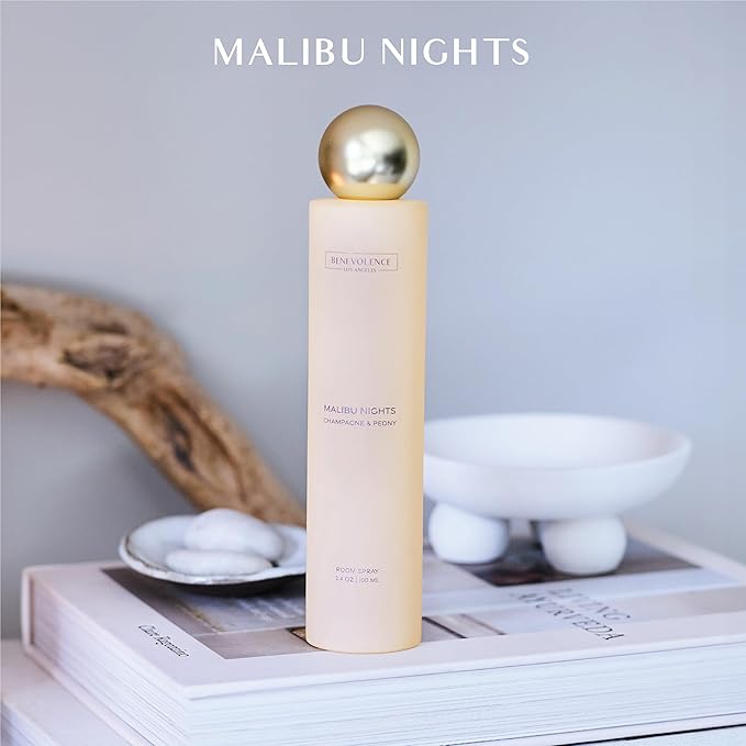 Benevolence LA Malibu Nights Room Spray | Champagne & Peony | 3.4oz | Versatile Home Fragrance, Pillow & Linen Spray | Low VOC, No Alcohol | Malibu Sands Collection