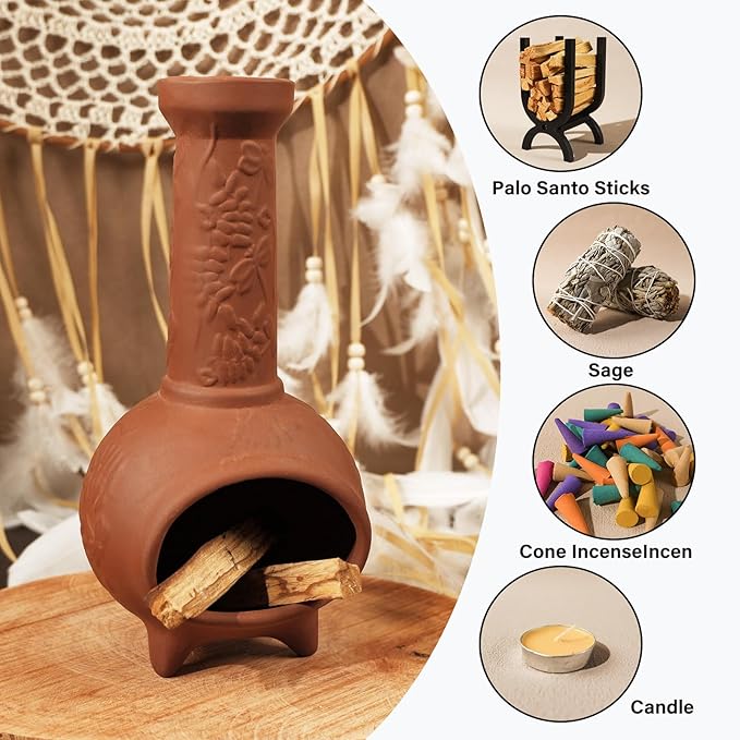 Handmade Terracotta Palo Santo Holder & Mini Chiminea Incense Dish-Elegant Cone Burner for Palo Santo Sticks & Sage-Ideal for Energy Cleansing, Yoga, Meditation,Zen,Altar Decor & Aromatherapy