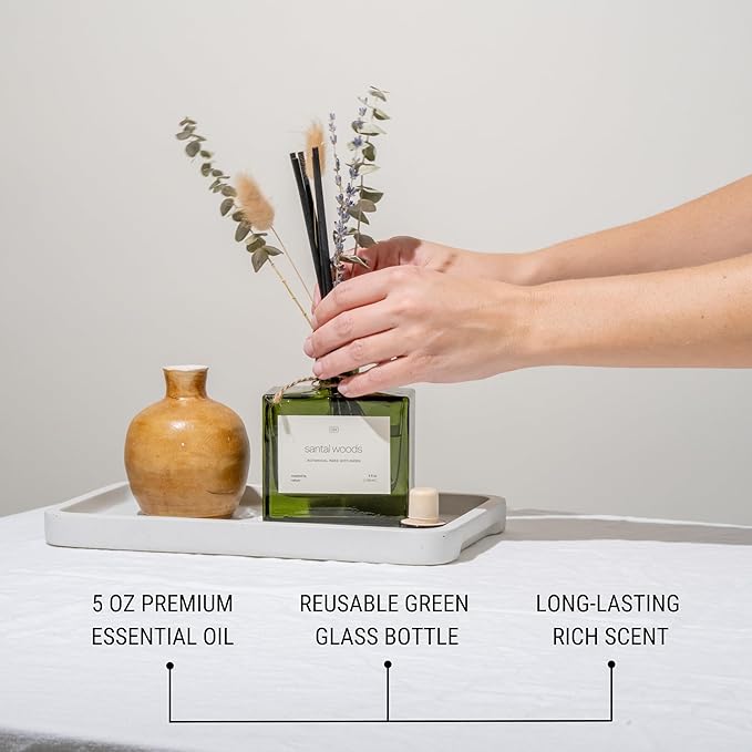 Craft & Kin Reed Diffuser with Dried Flowers | 5 oz Santal Woods Fall Scented Reed Diffusers for Home, Bathroom | Scent Sticks | Elegant Fragrance Home Decor for Men & Women