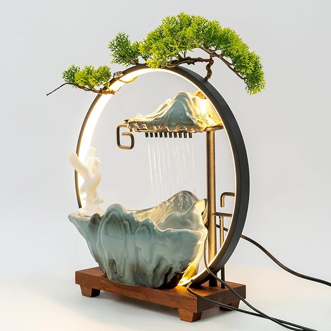 Backflow Incense Holder with Water Fountains and LED Light, Rockery, Crane and Plants Perfect for Relaxing or Home Decor