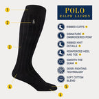 POLO RALPH LAUREN Mens Mercerized Cotton Ribbed Dress OTC Socks 3 Pair Pack Reinforced Cotton Comfort