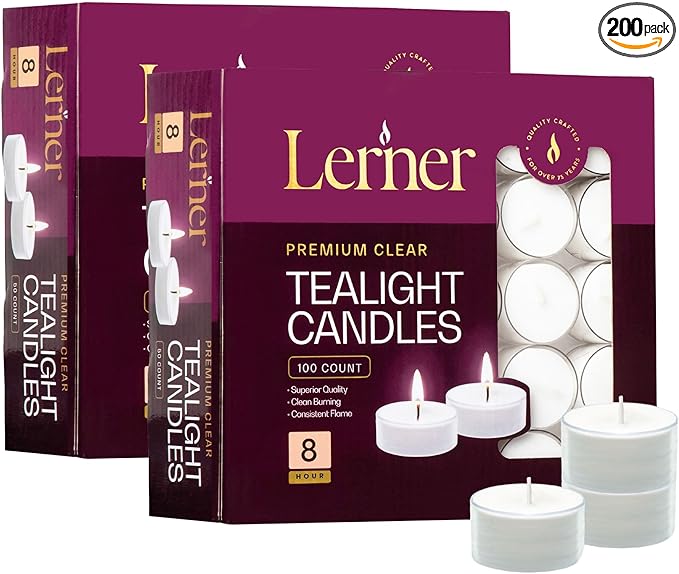 Lerner Tealight Candles in Clear Cups, 200 Count| 8 Hours Long-Burning White Tea Light Candles| Non-Toxic, Smokeless & Soot-Free Tea Light Warmer Candles | Unscented Party, Décor, Shabbat Tea Candles