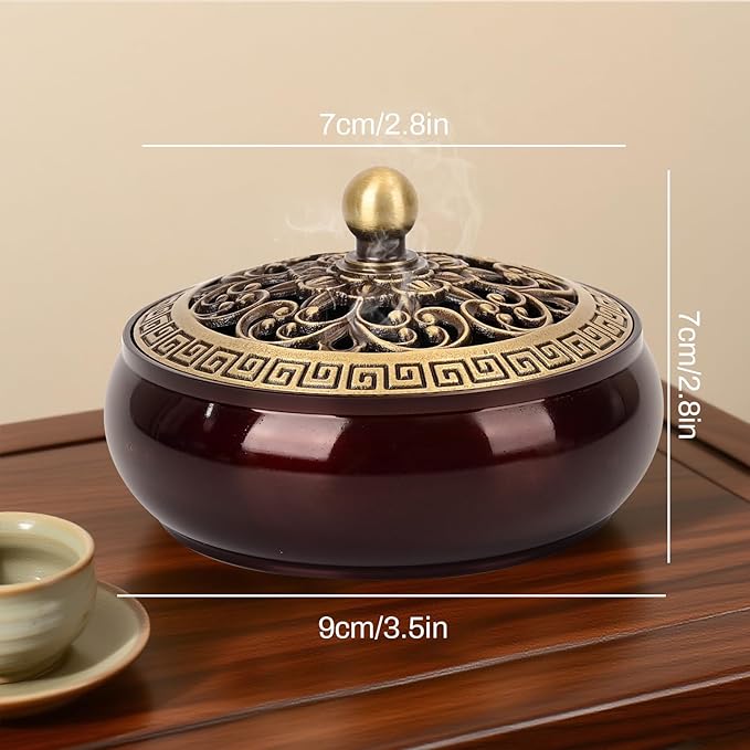 Copper Incense Burner with Stick Holder, Incense Stick Holder Cone Coil Holder with Fireproof Cotton for Madiation Yoga Spa Home Office Decor (Brown)