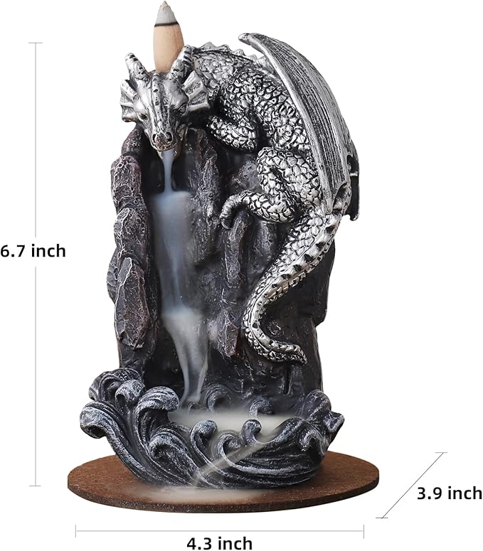 Dragon Backflow Incense Holder Waterfall Incense Burner, with 100 Backflow Incense Cones,1 Mat,1 Tweezers，Aromatherapy Ornamental for Home Office Yoga （Silver Dragon）