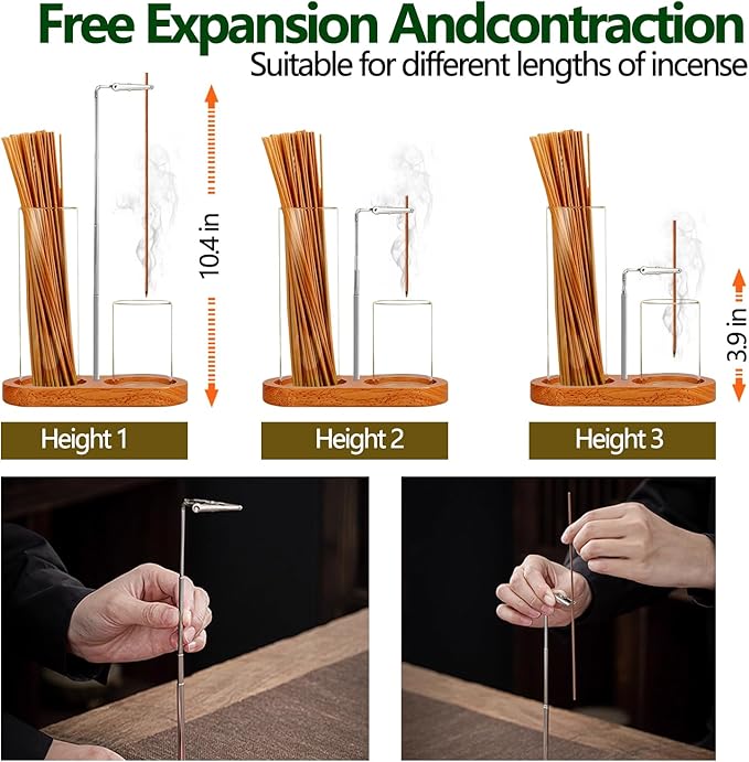 2 in 1 Incense Holder for Sticks(Height Adjustable), Anti-Ash Flying Insence-Sticks Burner with Glass Incense Holder Organizer for Meditation Yoga Spa Home Decor Sage (Silver Metal Rod)