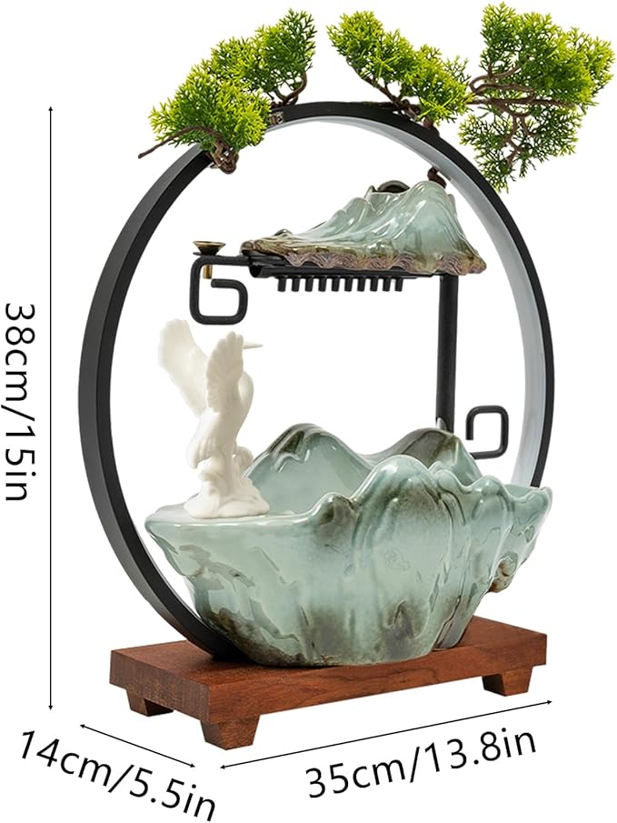 Backflow Incense Holder with Water Fountains and LED Light, Rockery, Crane and Plants Perfect for Relaxing or Home Decor