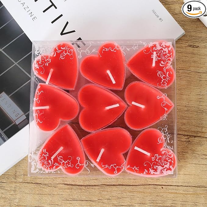 Tea Candles Heart Romantic Candle Small Sweet Wedding Party and Home 1.5-2 Hours Extended Burn Time Votive Parties Tealight Wishing Bulk Birthday Halloween Emergency Family 9 Pack (Red)