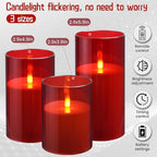 Flameless Candles, LED Candles with Remote Control and Timer, New Real Flickering 3D Wick Battery-Powered Acrylic Column Candles for Romantic Ambiences and Home Décor, Set of 3 (Red)