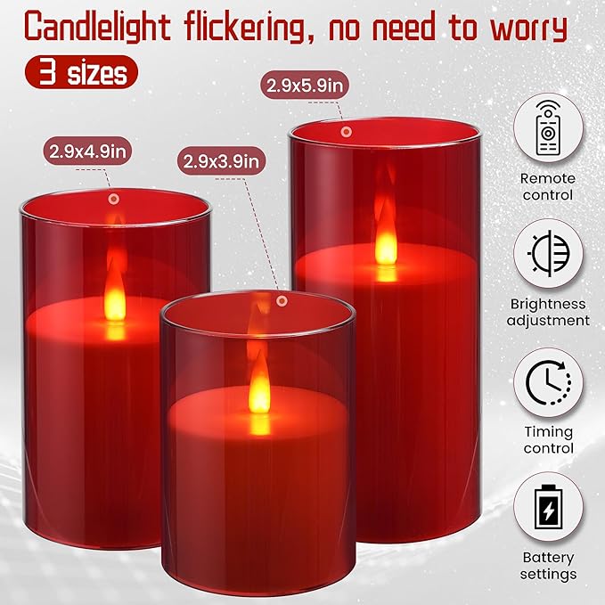 Flameless Candles, LED Candles with Remote Control and Timer, New Real Flickering 3D Wick Battery-Powered Acrylic Column Candles for Romantic Ambiences and Home Décor, Set of 3 (Red)
