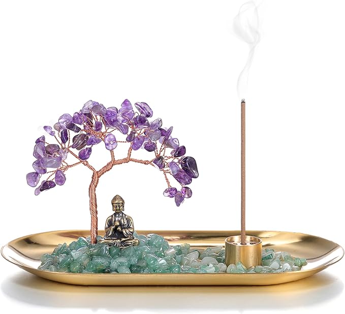 Jovivi Crystal Incense Holder for Sticks, Amethyst Healing Crystal Stone Money Tree Buddha Statue Set Incense Burner, Incense Trays for Wealth, Good Luck,Yoga Meditation Home Decor