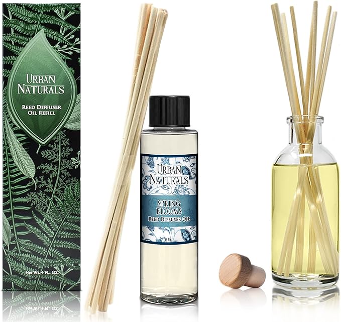 Urban Naturals Spring Blooms Scented Oil Reed Diffuser Refill | Free Set of Reed Sticks! Bulgarian Rose, Egyptian Jasmine, Blue Orchid, Lily of The Valley, Amber
