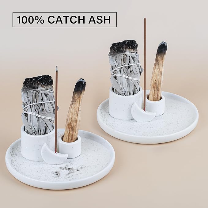 ZenBless 4 in 1 Incense Burner Holder, Palo Santo Holder, Sage Holder for Burning, Incense Holder for Sticks, Candle Holder, Ceramic Ash Catcher Tray for Meditation Yoga Room Home Decor (White)