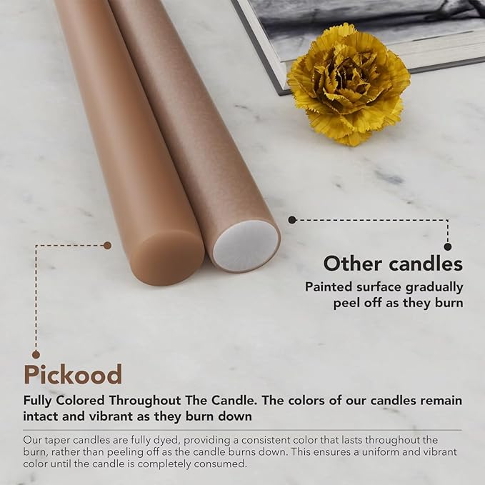 New Burning Formula Unscented Dripless 10-Inch Taper Candles Set of 12 - Taupe, for Wedding, Dinner - Smokeless, Long Burning - Hand Poured, Colored Tall Candlesticks - Topo