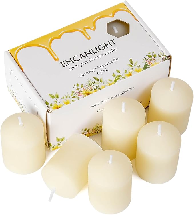 White Beeswax Votive Candles, Natural Beeswax Pillar Candle Votives 6 Packs 1.37"x1.85", Non-Toxic and Smokeless, 9 Hour Burn Time for Weddings, Christmas, Advent, Spa Relax, Prayers