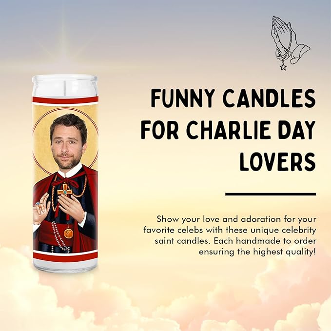 Charlie Celebrity Glass Jar Candle – Unscented Handmade Soy Wax Votive Candle – Unique Gift for Always Sunny Fans – Home Decor Collectible for Living Room & Office – 8 Inch