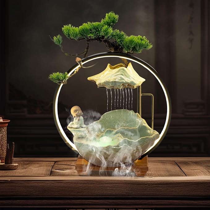 Backflow Incense Holder with Water Fountains and LED Light, Rockery, Meditation Monk and Plants Perfect for Relaxing or Home Decor (Meditation Monk)