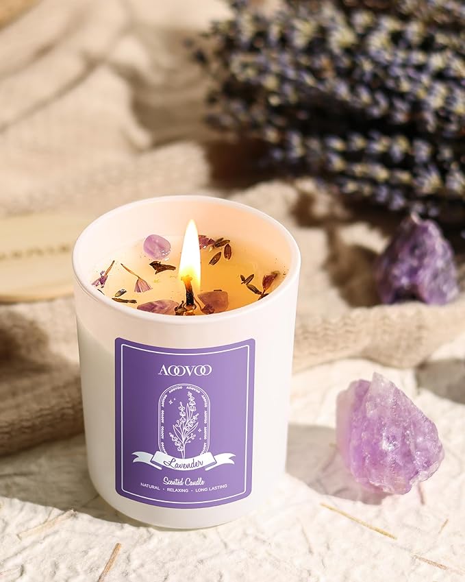 AOOVOO Lavender Candles Set for Women - 4 Pack Candles for Home Scented, 28 oz 200 Hour Long Lasting Aromatherapy Candle with Crystals Inside, Birthday Gifts Mothers Day Candle for Women Mom