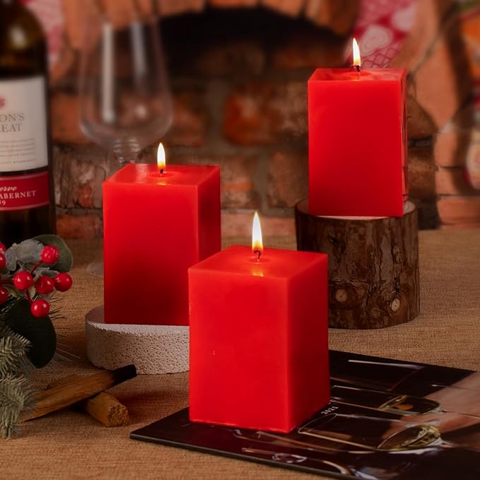 KONNI Square Red Pillar Candles Set of 3, 2.8"x 4" Unscented Pillar Candles Bulk, 30 Hours Long Burning Candles, Smokeless and Dripless Large Candle for Wedding, Home Decoration, Parties, Spas, Dinner