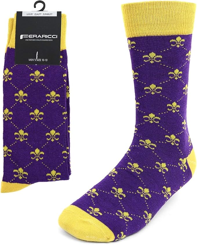 boxed-gifts Men's Mardi Gras Socks Fleur de Lis Patterned Premium Cotton Dress Casual Crew Socks for Men