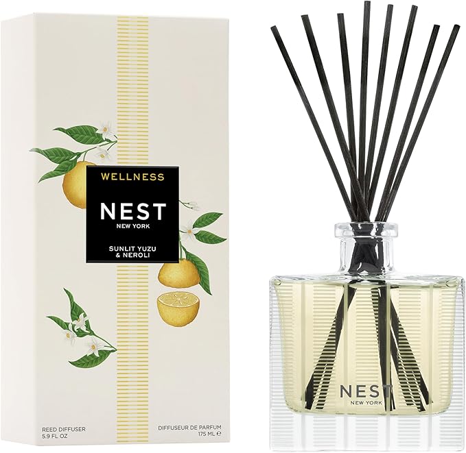 NEST New York Reed Diffuser, Sunlit Yuzu & Neroli - 5.9 fl oz - Fragrance for Up to 90 Days - Reusable, Refillable Glass Holder - Includes 8 All-Natural Reed Sticks - Flame Free