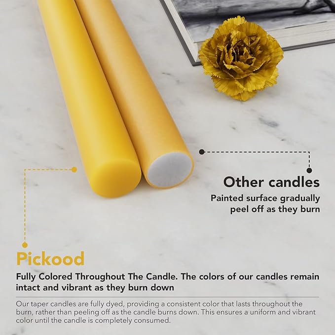 New Burning Formula Unscented Dripless 10-Inch Taper Candles Set of 12 - Spicy Mustard, for Wedding, Dinner - Smokeless, Long Burning - Hand Poured, Colored Tall Candlesticks - Mostaza Picante