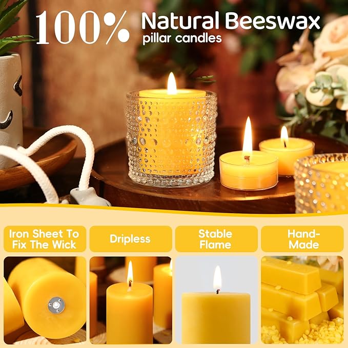 2x2in-8PCS Beeswax Pillar Candles,160 Hours Long Burning Beeswax Candles for Emergency,Dripless Smokeless Non Toxic Bees Wax Candles