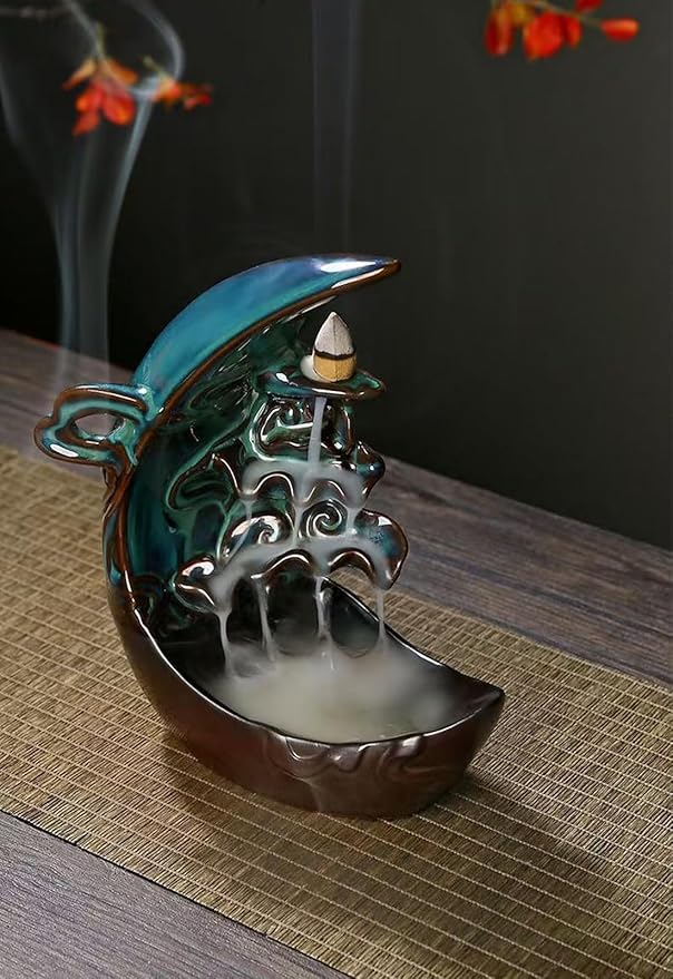 Moon Backflow Incense Holder – Ceramic Incense Cone Holder with 60 Backflow Incense Cones | Waterfall Incense Burner & Waterfall Fountain | Incense Waterfall Effect for Relaxation & Meditation