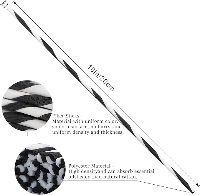 VFULIE 100PCS Reed Diffuser Sticks, 10 Inch Natural Rattan Wood Sticks Essential Oil Aroma Diffuser Sticks Refill Replacement for Aroma Fragrance (Spiral Black and White)