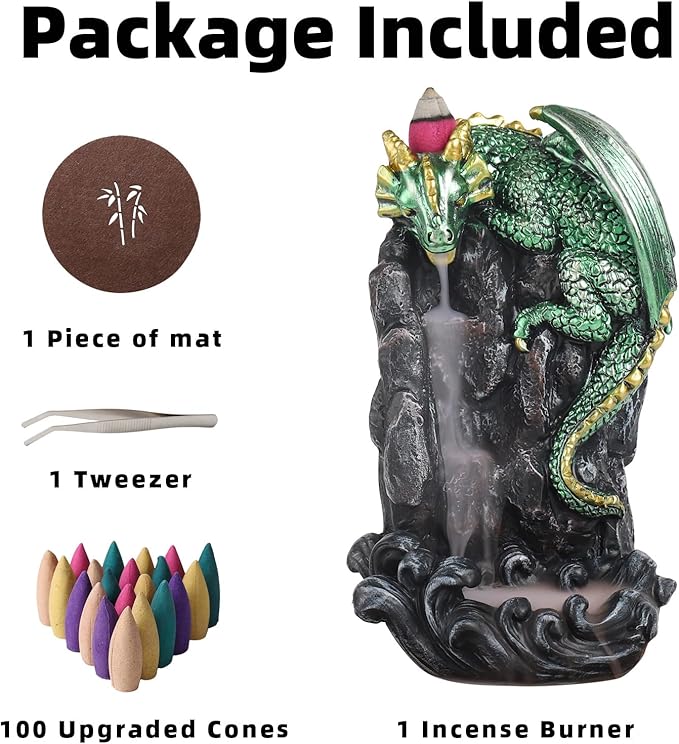 Dragon Backflow Incense Holder Waterfall Incense Burner, with 100 Backflow Incense Cones,1 Mat,1 Tweezers，Aromatherapy Ornamental for Home Office Yoga （Green Dragon）