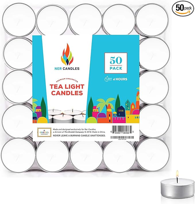 Unscented Tea Lights Candles in Bulk, Smokeless, Dripless & Long Lasting Tea Candles, Small Votive Mini Tealight Candles for Home, Pool, Shabbat, Weddings & Emergencies (Pack of 50)
