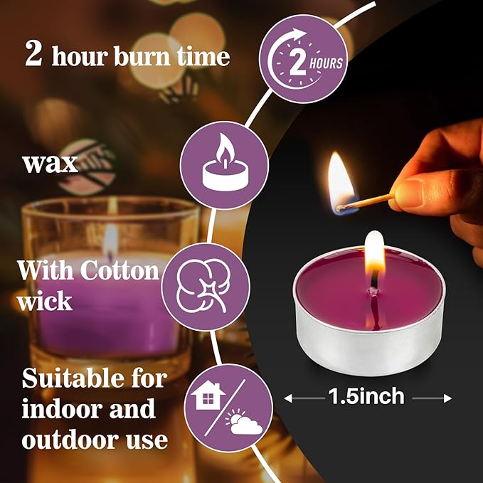 Purple Tea Lights Candles Bulk - 25Pcs MAQIHAN Tea Candles Mini Votive Mini Candle with Cotton Wick for Home Decoration,Pool,Shabbat,Wedding,Emergencies