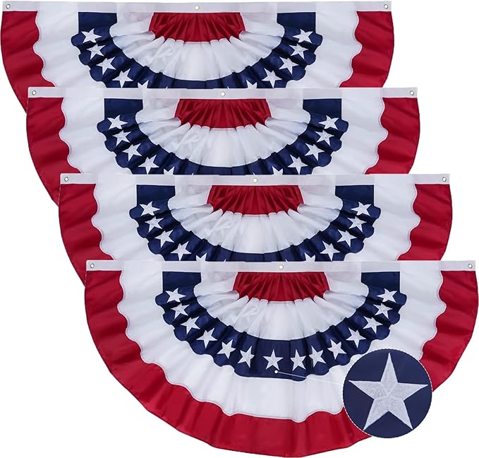 SYII Bunting Flag 3x6 Feet Outdoor (4 PCS), Embroidery Stars American US Bunting Flags with 3 Brass Grommets, Patriotic Half Fan Banner for Fourth of July Decor, 4th of july Decorations Outdoor