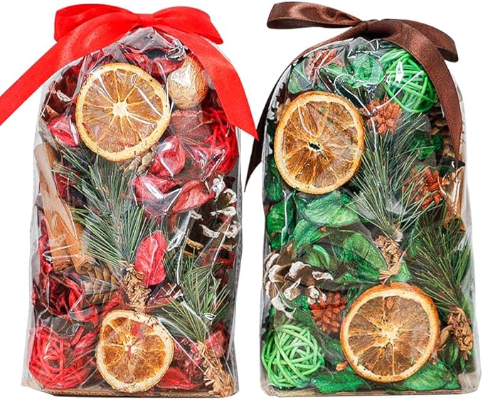 Qingbei Rina Christmas Potpourri Bags,Cinnamon/Apple/Pine Scented Potpourri Bowl Filler,Winter Holiday Decorative Dried Flowers,Home Fragrance Sachet of Petal, Vase Filler,2 Bags,20 oz(Red+Green)