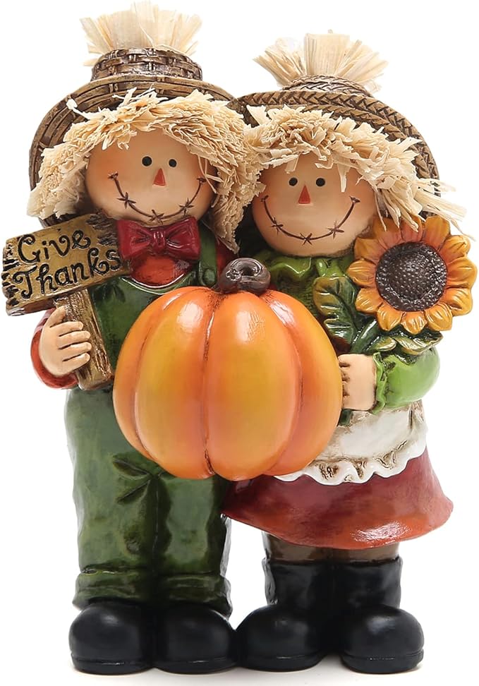 Hodao Fall Thanksgiving Scarecrow Couple Table Decorations Indoor, Resin Thanksgiving Scarecrow Figurines-Fall Thanksgiving Gifts-Fall Decorations for Home